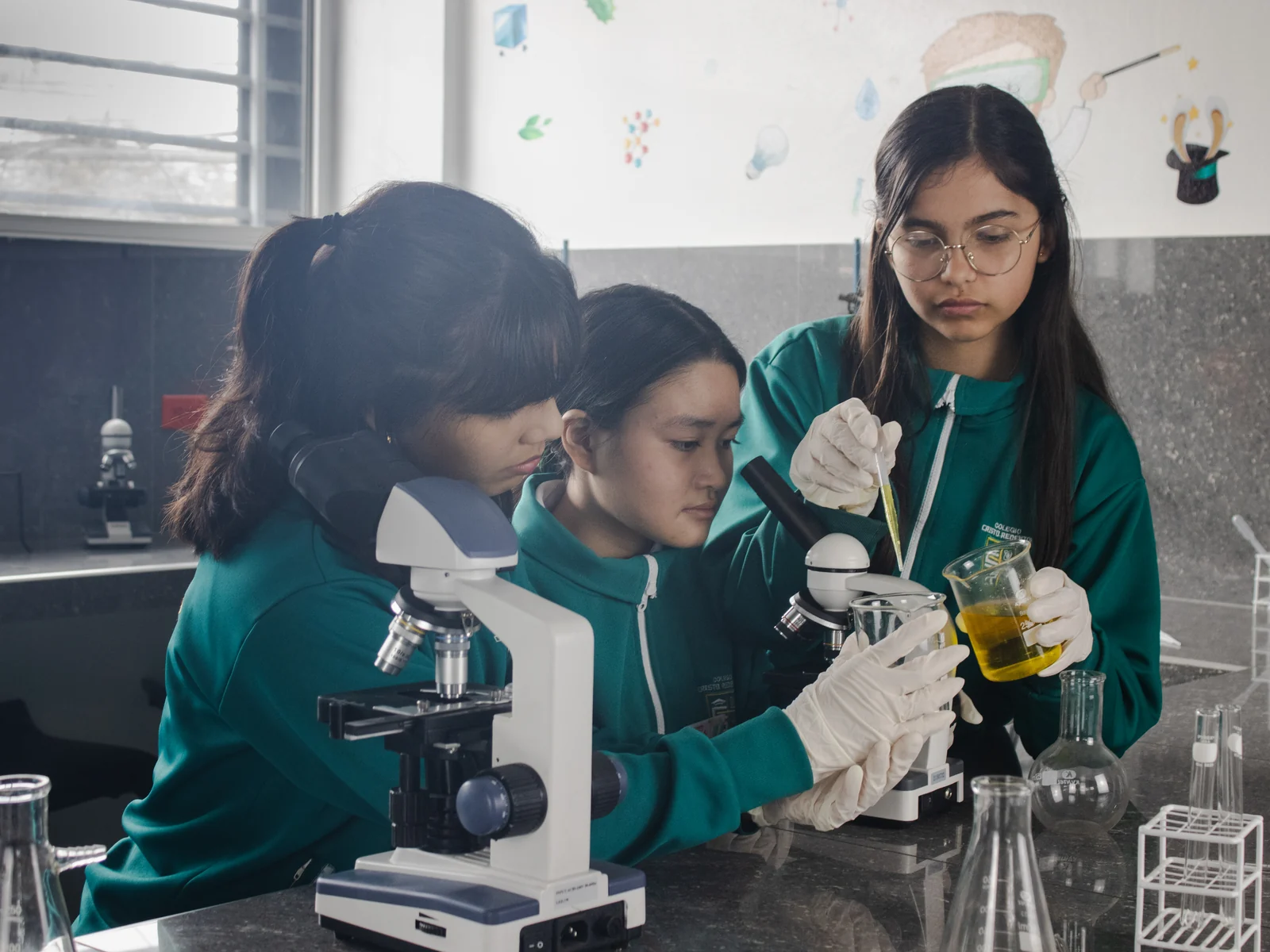 Estudiantes de Secundaria trabajan con microscopios y material de laboratorio, con guantes de protección.
