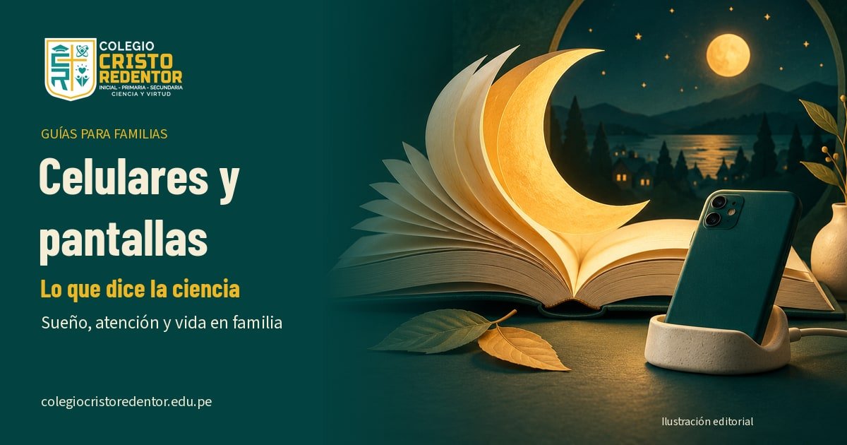 Un celular en reposo junto a un libro cuyas páginas forman una luna: una invitación a cuidar el sueño y la atención.