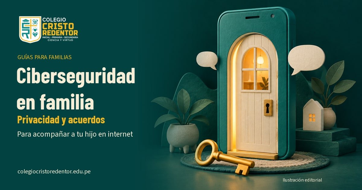 Un celular convertido en puerta de casa, acompañado de una llave y globos de conversación: privacidad y diálogo en familia.